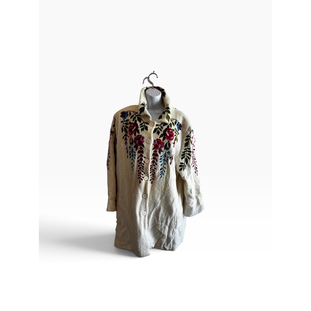 Linea by Louis Dell'Olio Coat 2X Cream Floral Embroidered Wool Blend Long Jacket
